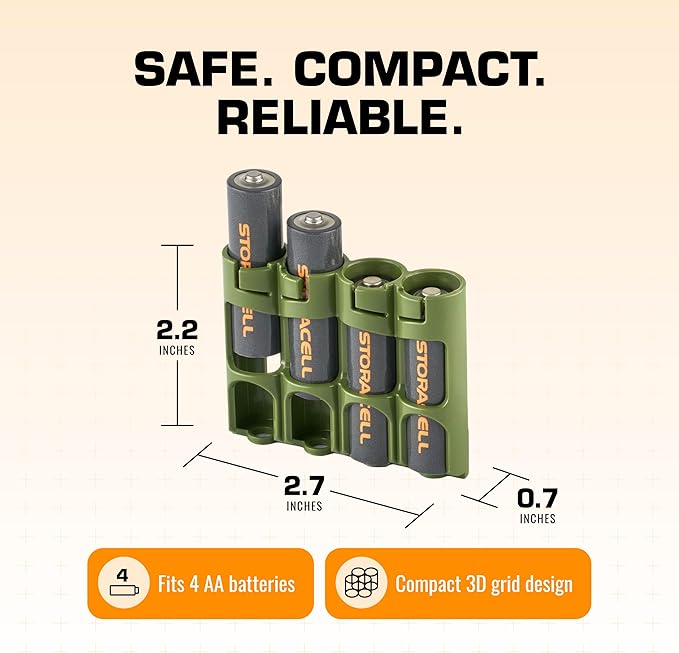 Storacell by Powerpax Slimline AA Battery Storage Caddy, Military Green - Holds 4 Batteries (Not Included)