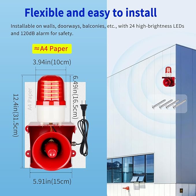 kbaoele AC110V Industrial Siren Alarm Strobe Light-120dB Loud Horn&Red Beacon Warning Light,Waterproof Indoor/Outdoor Safety Alarm for Emergency,Factory,Office,Fires,Tornado,Intruders,Animal Deterrent