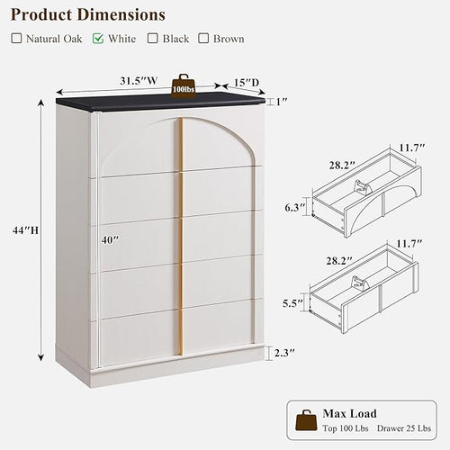 ACCOHOHO Modern 5 Drawers Dresser for Bedroom with Arched Panel,44" Tall Dresser for Closet with Metal Handles,Push-to-Open Wood Storage Closet Dressers Tv Stand for Living Room, Hallway,White