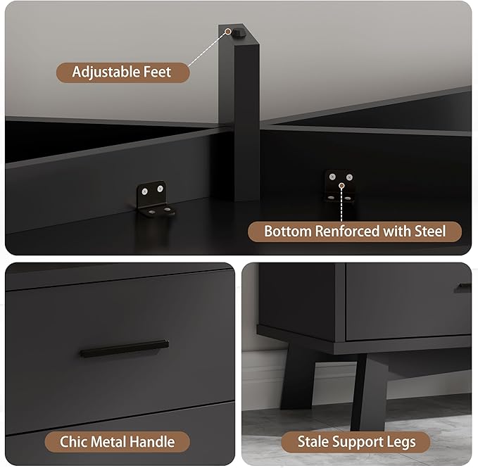 Dresser for Bedroom with 6 Drawer, Modern Chest of Drawers with X-Shaped Sturdy Base, Wide Wood Double Dresser Closet Clothes Storage Organizer, Wooden TV Stand for Living Room, Hallway, Black