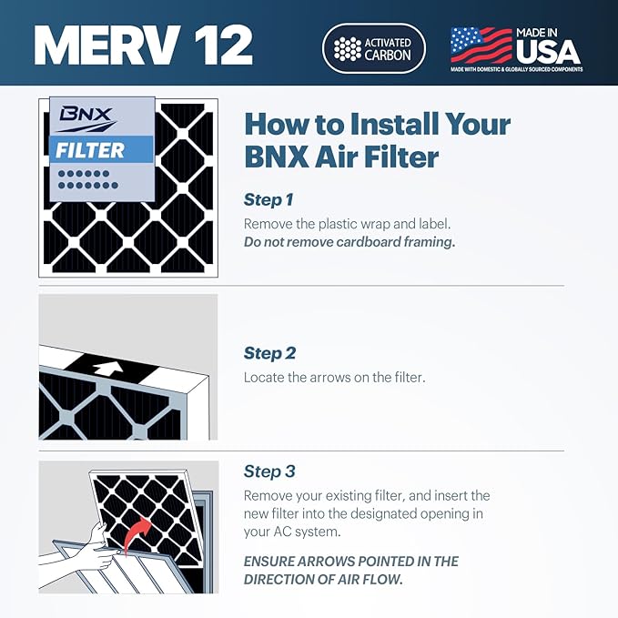 BNX TruFilter 14x24x1 MERV 12 Odor Defense (6-Pack) AC Furnace Air Filter with Activated Carbon - MADE IN USA - Pleated Air Conditioner HVAC AC Furnace Filters - Removes Odor, Mold, Bacteria, Smoke