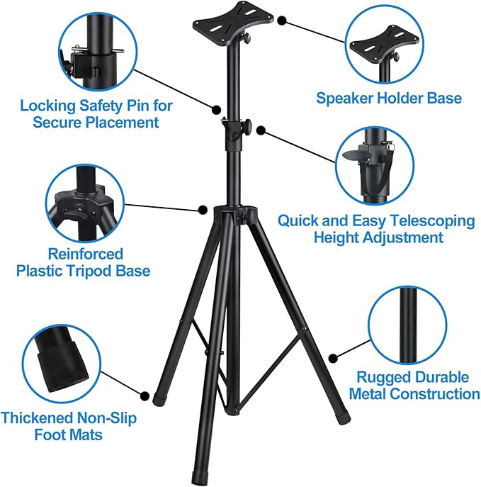 Howonder Speakers Stands,6 Packs,PA Speaker Stand,Speaker Tripod Stand,Adjustable Height from 40 to 66 Inches,Hold up to 110lbs,Black