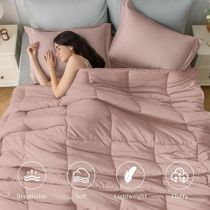 JOLLYVOGUE King Comforter Set, Ultra-Soft Bed in a Bag King Size 7 Pieces, Oeko-TEX Certified Bedding Set with Down Alternative Comforter, Sheets, Pillowcases & Shams, Pink & Light Grey