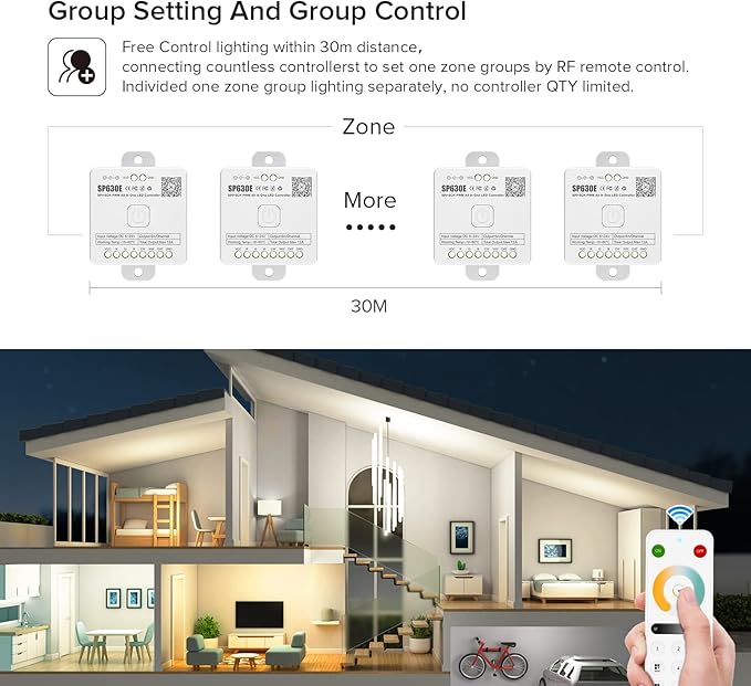 BTF-LIGHTING SP630E Bluetooth Controllers 4 Zones 2.4GHz RF RB2 Remote Kit Support FCOB COB SMD PWM or SPI CCT Dual White Tunable Color Temperature LED Strip WS2811 IC etc DC5V DC12V DC24V