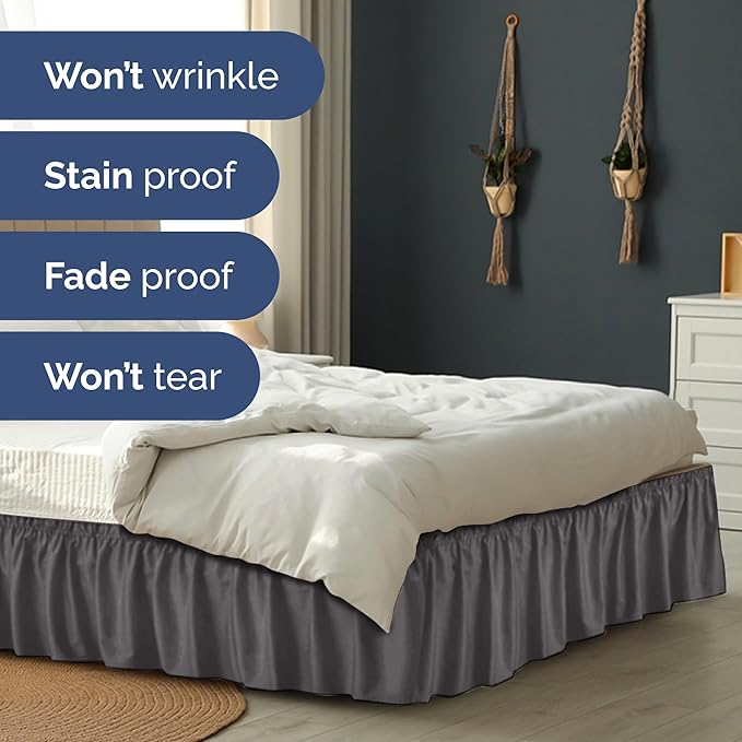 Wrap Around Dust Ruffle Bed Skirt - Dark Grey - for Queen Size Beds with 18 Inch Drop - Elastic Strap - Adjustable Pleated Bedskirt with Brushed Fabric and Wrinkle Free - for Women, Men, Kids & Teens