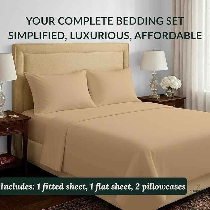 Cloud Scape Linen 100% Egyptian Cotton Sheets for Queen Size Bed, 400 Thread Count, 4 Pieces Bedding Set, Hotel Quality, Silky Soft, Deep Pockets up to 17”, Linen
