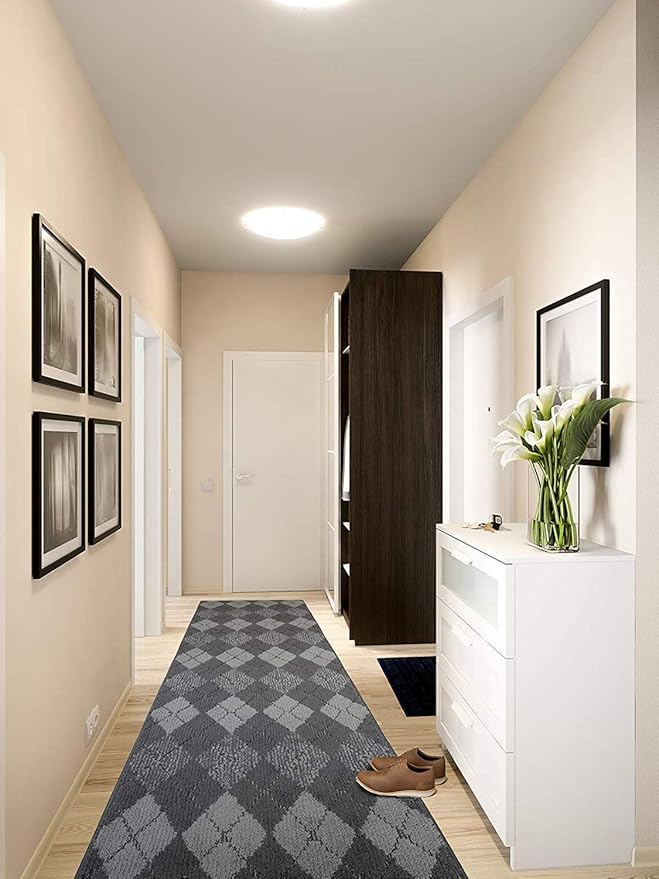 Custom Length Hallway Runner Rug,Slip Resistant,Squares Anthracite, 26 Inch X 35 feet, Sold and Priced Per Foot