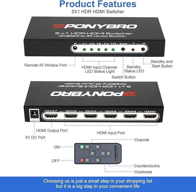 PONYBRO HDMI 2.0 Switch 5 Port 4K@60Hz Auto-Switching – 5 in 1 Out with Remote, HDR10, 3D, Ultra HD for PS5/Xbox/PC/Fire TV, Zero Delay