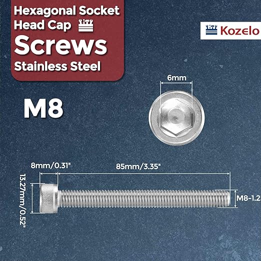 Kozelo 4pcs Socket Head Cap Screws - [M8-1.25 x 85mm] 304 Stainless Steel Allen Socket Drive for Electrical Motor 3D Printing Fan Engine Replacement Use, Silver