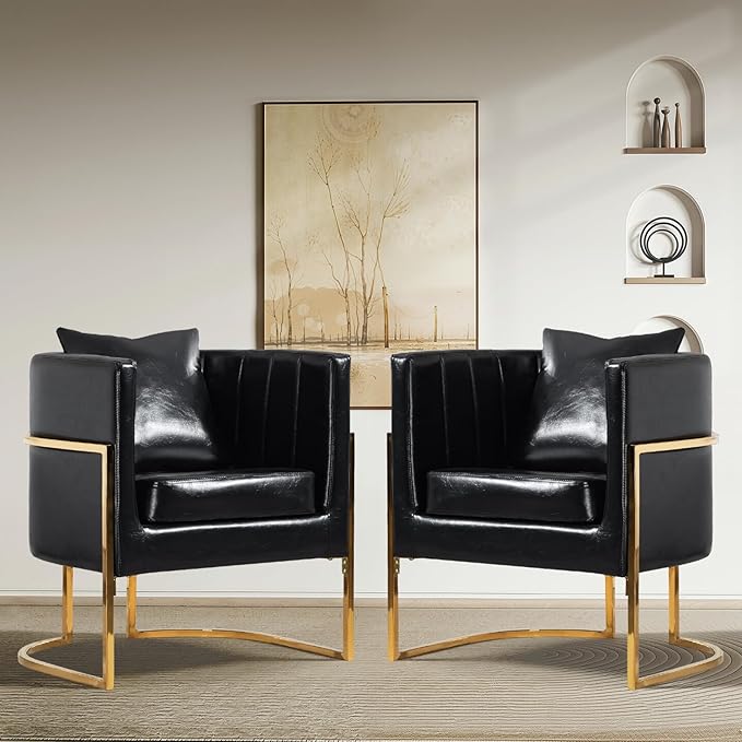 Modern Leather Accent Chair, Mid Century Upholstered Barrel Armchair with Pillow for Living Room, Comfy Single Vanity Chair with Metal Gold Legs for Bedroom, Black
