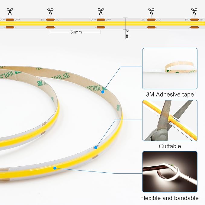 COB LED Strip Lights with Remote, 24V 9.84ft Natural White Dimmable LED Light Strips, High Bright 4000K LED Lights with Power Supply for Room, Kitchen, DIY Home Decoration