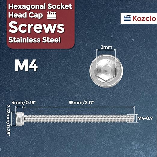 Kozelo 15pcs Socket Head Cap Screws - [M4-0.7 x 55mm] 304 Stainless Steel Allen Socket Drive for Electrical Motor 3D Printing Fan Engine Replacement Use, Silver