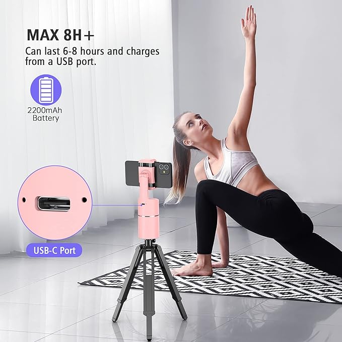 camrola Auto Face Tracking Phone Holder, No App Required, 360° Rotation Face Body Phone Tracking Tripod Smart Shooting Camera Mount for Live Vlog Streaming Video, Rechargeable Battery-Pink