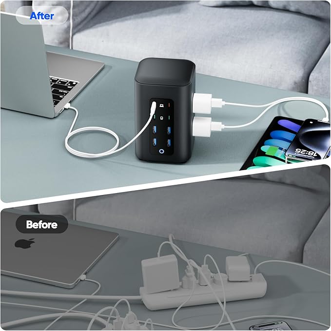 TenTrend Power Strip Tower (230W), 14-in-1 USB-C Charging Station Tower with 2000J Surge Protection, 5FT Extension Cord with 6 AC Outlets & 8 USB Ports for Home Office Dorm Essentials