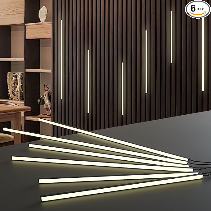 NeatiEase LED Recessed Lighting Kit for Wood Slat Wall Panel, 6 Pcs Self-Adhesive 3000K Warm LED Light with Smart Switch and Adjustable Brightness for Cabinet, Kitchen (2 * 36"+2 * 24"+2 * 16")