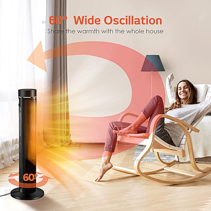 Air Choice 36" Tower Space Heater for Large Room, 1500W PTC Electric Fireplace Heater, Adjustable Thermostat, 4 Modes, 3D Flame,12H Timer, Oscillation, Remote, Heater for Indoor Use, Bedroom, Office