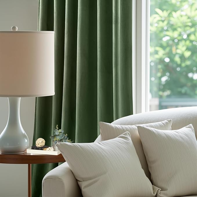 AUSSPVOCT Olive Green Velvet Curtains for Bedroom, Thermal Insulated Room Darkening Luxury Blackout Curtains 90 Inches Long Back Tab Window Drapes for Living Room Nursery, W52 x L90, 2 Panels