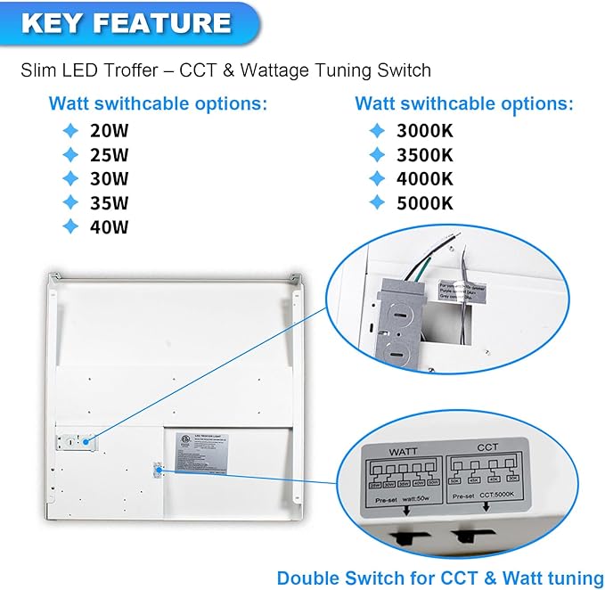 Cortelco 2x2 LED Troffer Light–20W/25W/30W/35W/40W,Up to 6000 Lumens,4 CCT Selectable 3000K/3500K/4000K/5000K,0-10V Dimmable Drop Ceiling Panel – 100-277V,ETL & DLC Listed,Commercial Grade,4-Pack