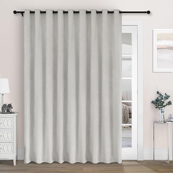 Macochico 100% Blackout Chenille Curtains for Sliding Door Thermal Insulated Noise Reducing Drapery for Living Room Bedroom Hotel, Grommet Curtains with Tieback, White, 120" Wx96 L 1 Panel