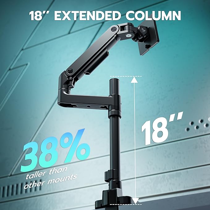 ARES WING Heavy Duty Monitor Arm with USB A/C, Tall Ultrawide Monitor Arm for 17 to 49 Inch Screen, Holds 44 Lbs, Adjustable Gas Spring Desk Mount, Black