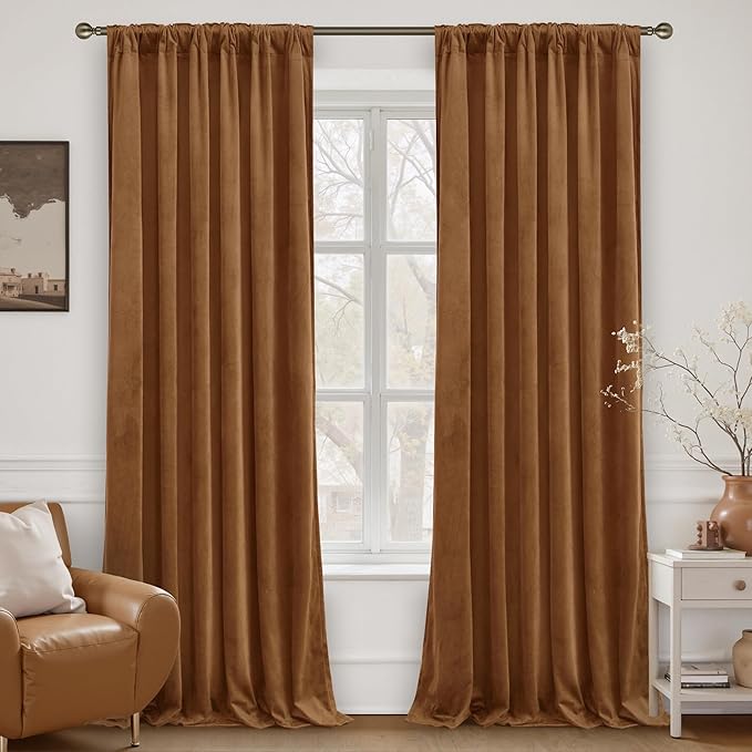 LAMIT Bronze Brown Velvet Curtains for Living Room 102 Inches Long, Mid Century Thermal Blackout Curtains Room Darkening Back Tab and Rod Pocket Panels for French Country, 2 Panels, 52 x 102 Inch