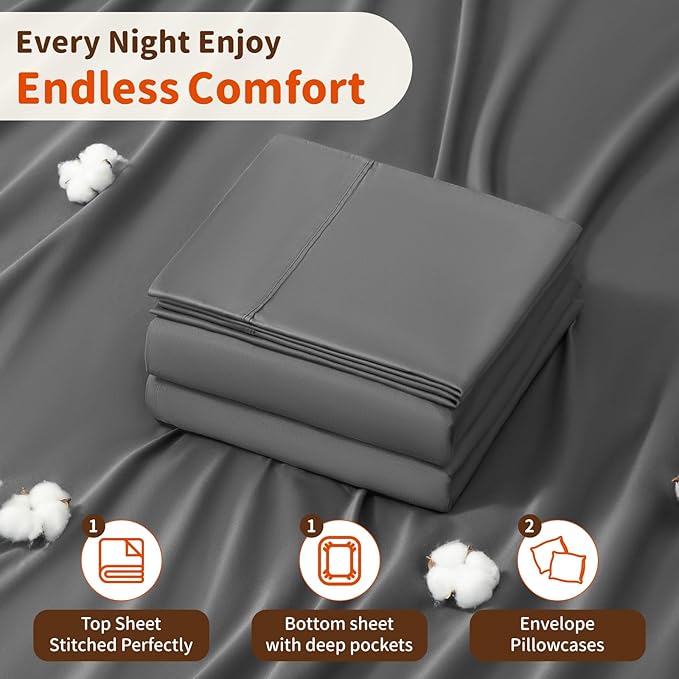 LBRO2M 100% Cotton Sheets Set Deep Pocket 24", 1000 Thread Count Queen Size 4 Piece Bed Sheet Sets Soft Comfortable Bedding All Season (Queen, Dark Gray)
