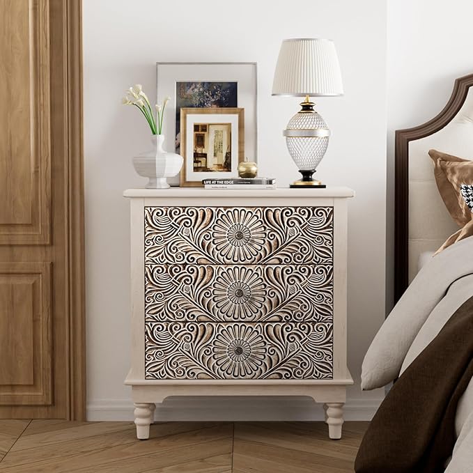 COSIEST Bedside Table Set of 2, Wood Nightstand 3 Drawers, Farmhouse End Table with Storage, Dresser with Drawers for Bedroom, Living Room