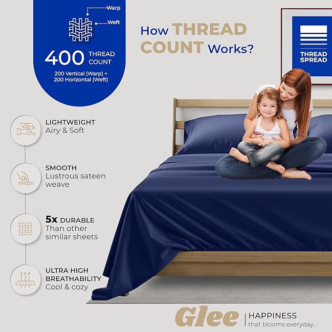 THREAD SPREAD California King Sheet Sets - 400 Thread Count 100% Cotton Sheets, 4 PC Cal King Sheets Set, California King Cooling Sheets, Soft Breathable Bed Sheets, 16" Deep Pocket Sheets (Navy Blue)