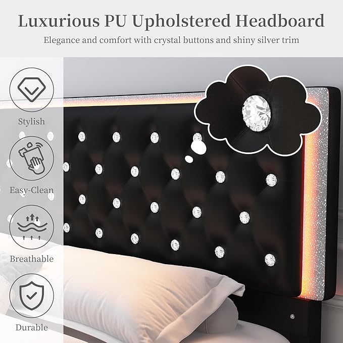 Queen LED Bed Frame with 2 Drawers, Storage Platform Beds with Upholstered Crystal Button Tufted Headboard Footboard, 2 Side Pockets, No Box Spring Needed, PU Black