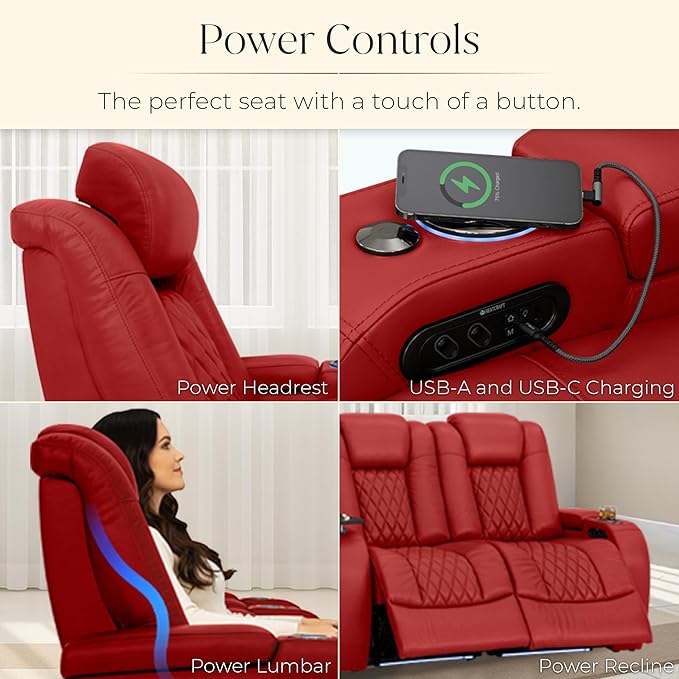 Seatcraft Diamante Zero-Gravity CoolZero Italian Leather Home Theater Seating, Power Headrest, Power Recline, Row of 5 Right Loveseat, Red