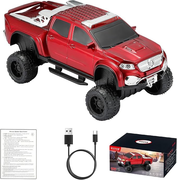 WSTER WS-X65 Pickup Truck Replica Bluetooth Speaker – HD Sound, FM Radio, TWS Stereo, LED Party Lights, USB/TF Playback, Built-in Mic – Cool Portable Car Design Speaker for Outdoors & Home (Red)