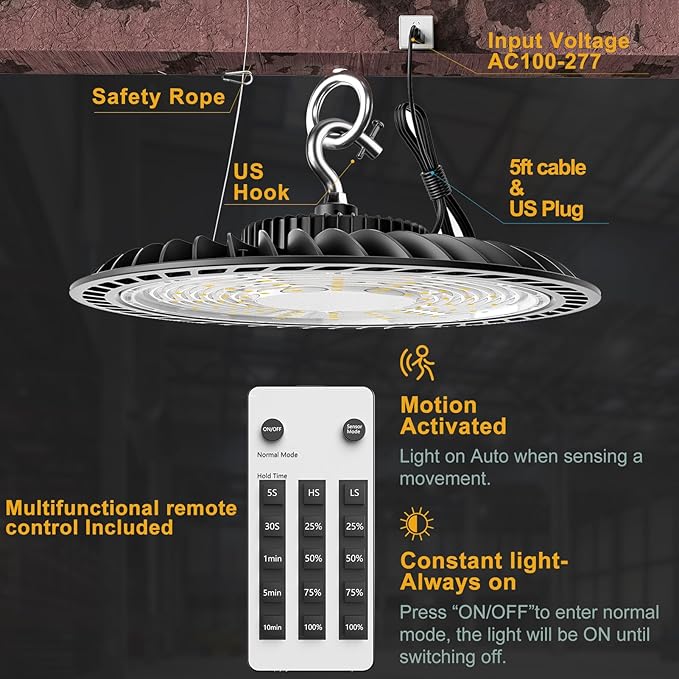 ACOHOOK 300W LED High Bay Light Motion Sensor(Energy Saving), 45000lm Commercial Bay Lights with Remote Control AC100-277V High Bay LED Shop Lights Supports Normal Mode & Motion Mode Switching- 6Pack