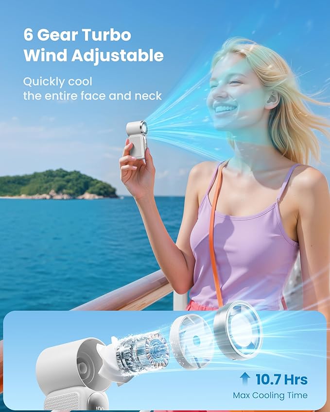 Gaiatop Portable Handheld Mini Fan, 6 Speeds 16900 RPM High Velocity Personal Fan with LED Display, USB Rechargeable, Mini Fan with Lanyard for Makeup, Travel, Outdoor, Gift for Women Girl, White