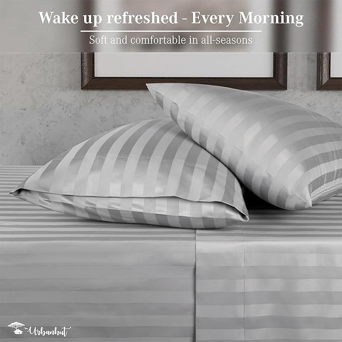 URBANHUT 800 Thread Count 100% Cotton Damask King Size Sheets, 4 Piece Striped King Size Bedsheets, Luxury Hotel Sheets Sateen Weave - Better Than Egyptian, 16" Elasticized Deep Pocket- Silver Grey