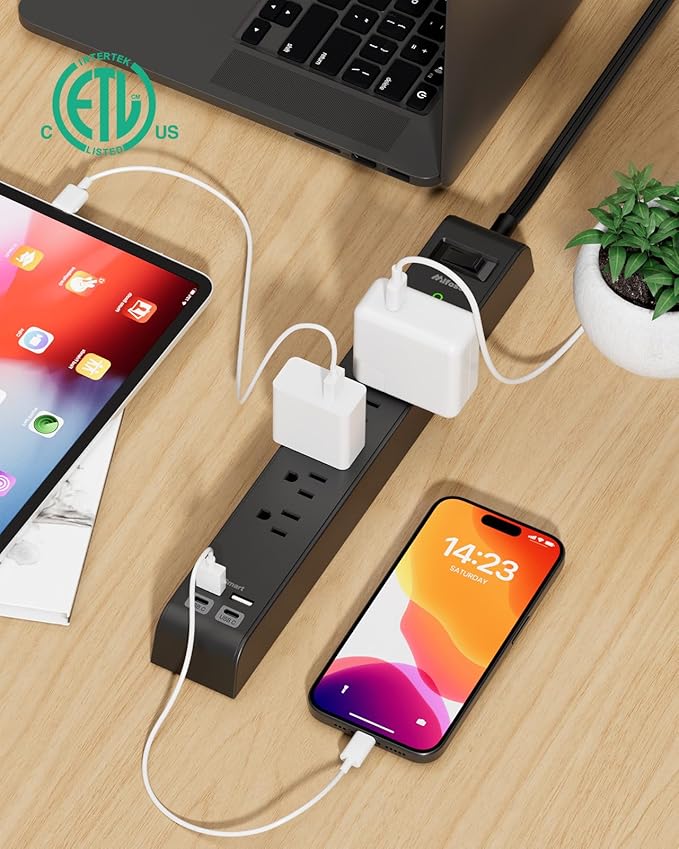 2 Pack Surge Protector Power Strip with 6 Outlets 4 USB Ports (2 USB C) 5-Foot Extension Cord Flat Plug 900 Joules 15A Circuit Breaker Wall Mount Desk USB Charging Station for Home Office