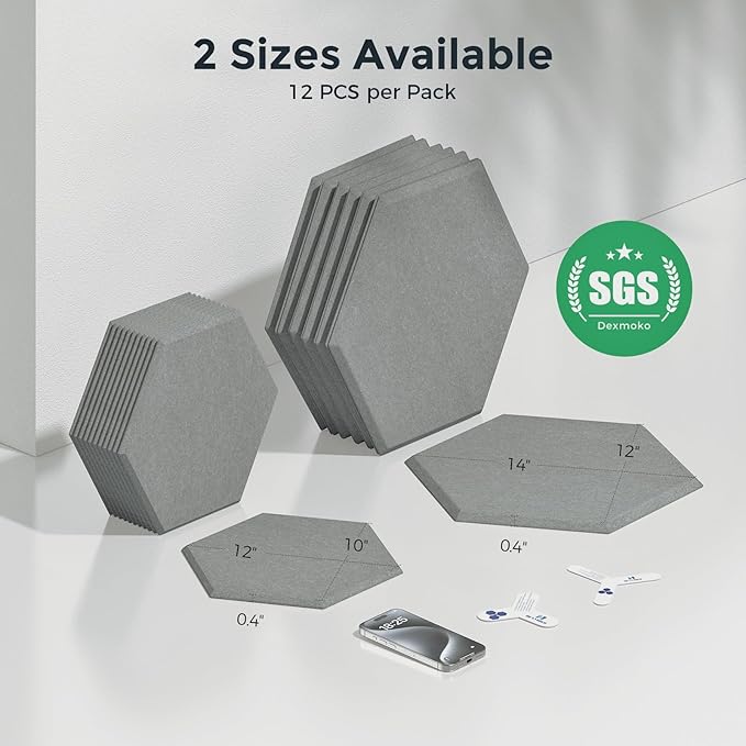 Pro-Level Self Adhesive Acoustic Panels,2nd Generation Sound Absorbing Panel,Soundproof Wall Panels,Sound Dampening Panels,Polyester Foam Reducing Noise and Echoes,Moonlight Grey (HEXAGON 07)