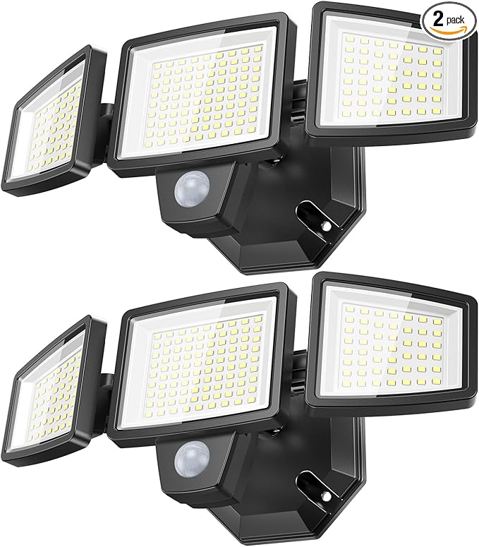 PURICH LED Security Lights Motion Sensor Outdoor Lights, 5000K Daylight, IP65 Waterproof, Dusk to Dawn, 3-Head Motion Detected Flood Light for Garage, Yard, Porch, 2Pack