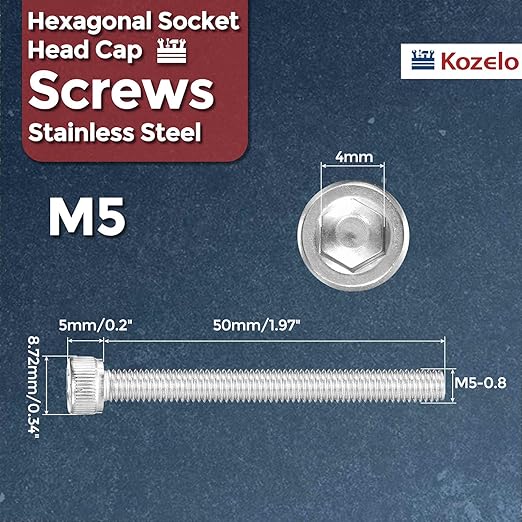 Kozelo 25pcs Socket Head Cap Screws - [M5-0.8 x 50mm] 304 Stainless Steel Allen Socket Drive for Electrical Motor 3D Printing Fan Engine Replacement Use, Silver