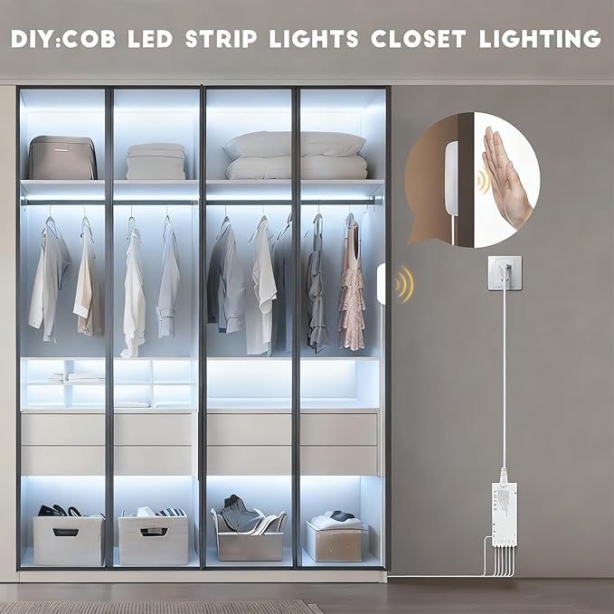 CHNMALITAI Under Cabinet LED Lighting kit, 6 PCS 6500K White LED Strip Lights Penetrable Wood Touch Dimmable COB LED Strip with 60W Adapter for Kitchen Cabinet,Counter,Shelf,TV Back,Showcase