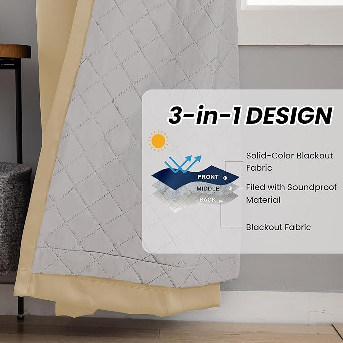 3-in-1 Layers Soundproof Curtains, Grommet Full Blackout Thermal Noise Dampening Curtains for Living Room, Bedroom(1 Panel,Beige,50" x108")