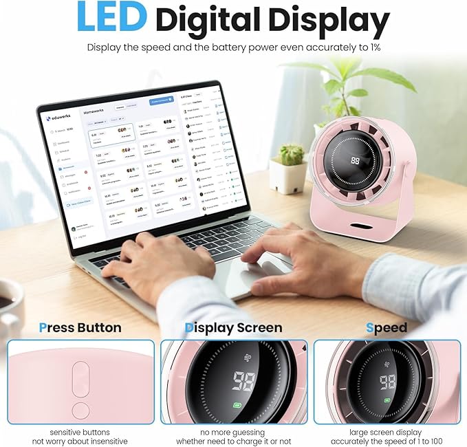 DURBESTER Small Desk Fan, 28dB Ultra-Quiet Desktop Air Circulator with 115° Adjustable Tilt, 100 Speeds, Rechargeable Battery, USB-Powered, Portable for Bedroom, Office, Kitchen, Travel - (Pink)
