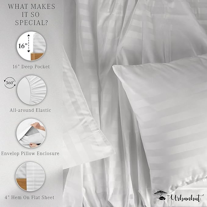 URBANHUT 800 Thread Count 100% Cotton Damask Full Size Sheets, 4 Piece Striped Full Size Bedsheets, Luxury Hotel Sheets Sateen Weave - Better Than Egyptian, 16" Elasticized Deep Pocket- White