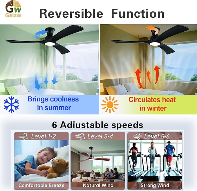Gaizw Black Ceiing Fans with lights and Remote Control,52 Inch Modern Wooden Fan,Quiet Reversible Motor,Flush Mount Ceiling Fan with Light, Fandelier For Ventilation in Kid's Rooms,Bedroom,Farmhouse