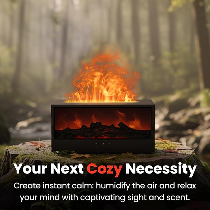 Fireplace Flame Diffuser Air Humidifier, Essential Oil Diffuser with 7 Colors Light & Timer, Auto-off Ultrasonic Cool Mist Aroma Humidifier for Home, Bedroom, Office, Yoga(White)