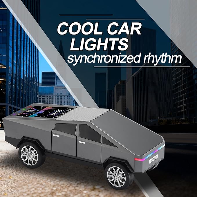 Futuristic Pickup Truck Bluetooth Speaker with LED Display Screen – Practical Gift Choice for Car Model Fans & Audio Users, TWS Stereo, FM Radio, USB/TF Playback, Front LED Headlights, Mic(Gray)