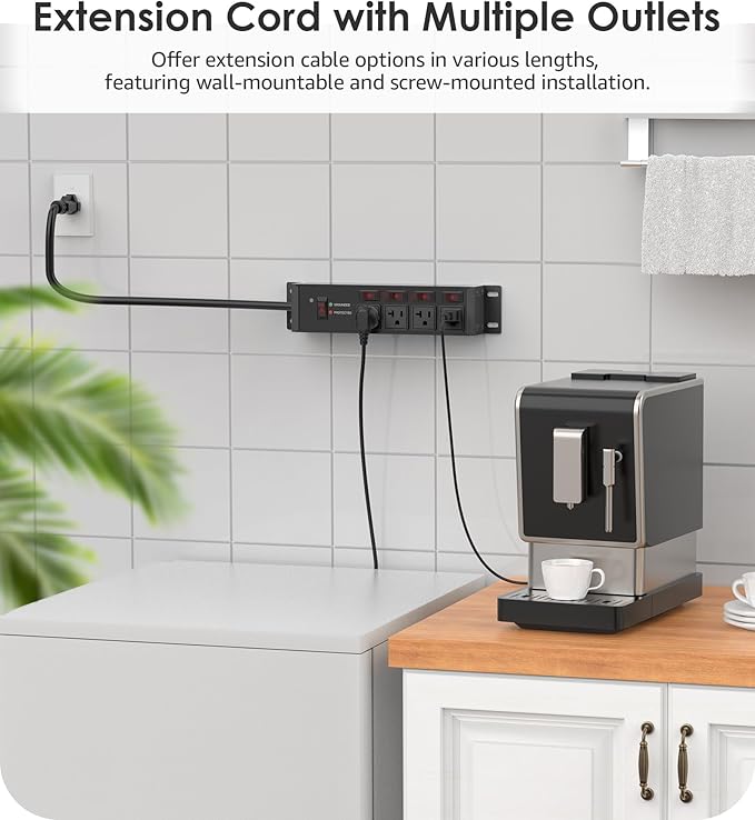 CCCEI Heavy Duty Surge Protector Power Strip 20 Amp Individual Switches. 25FT 12 Gauge Extension Cord with Multiple Outlets. Kitchen, Garage, Shop, Industrial Wall Mount Electric Extender, Black.
