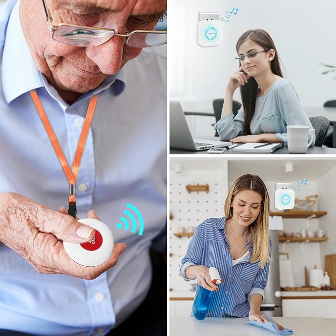 CallToU Caregiver Pager Call Button Elderly Wireless Call Button Vibration Pager Nurse Calling Alert System for Home Elderly Disabled Patient 2 Transmitters 1 Plug-in Receiver