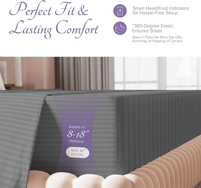 Carressa Linen Striped Split King Sheets Sets for Adjustable Bed - 100% Egyptian Cotton 600 Thread Count 5 PC Top Split King Sheet (Dark Grey), 16" Deep Pocket Soft Cooling Luxury Hotel Damask Sheets