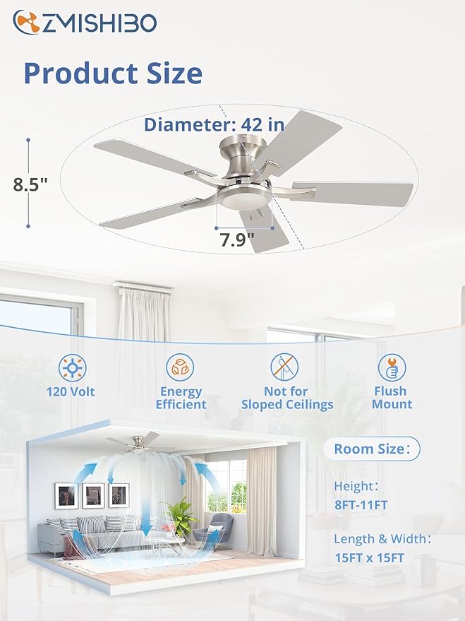 ZMISHIBO 42 Inch Ceiling Fan No Light, Flush Mount Low Profile, Modern Nickel Ceiling Fan Without Light, Remote Control & Quiet DC Motor, for Indoor&Outdoor, Bedroom, Living Room
