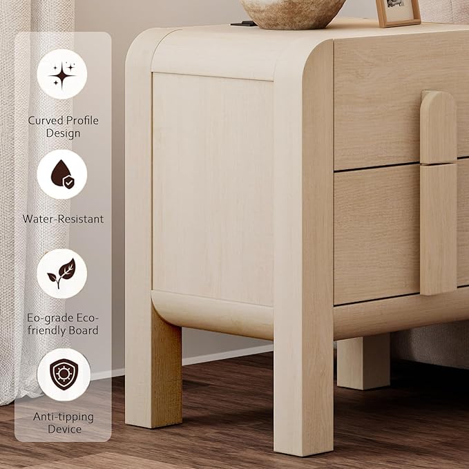 WAMPAT 23.7" Tall Modern Nightstands Set of 2, Wood Nightstand with Charging Station, Bedside Table w/2 Storage Drawers, Curved Profile Design, Sofa Side Table Accent Table for Bedroom, Beige